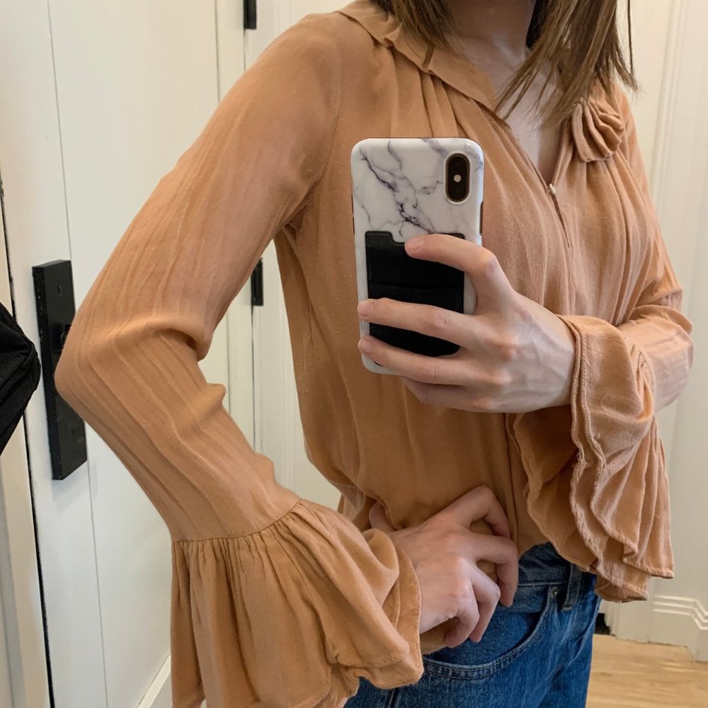 Zara Peach Pink Beige Flowy Long Sleeve Top XS